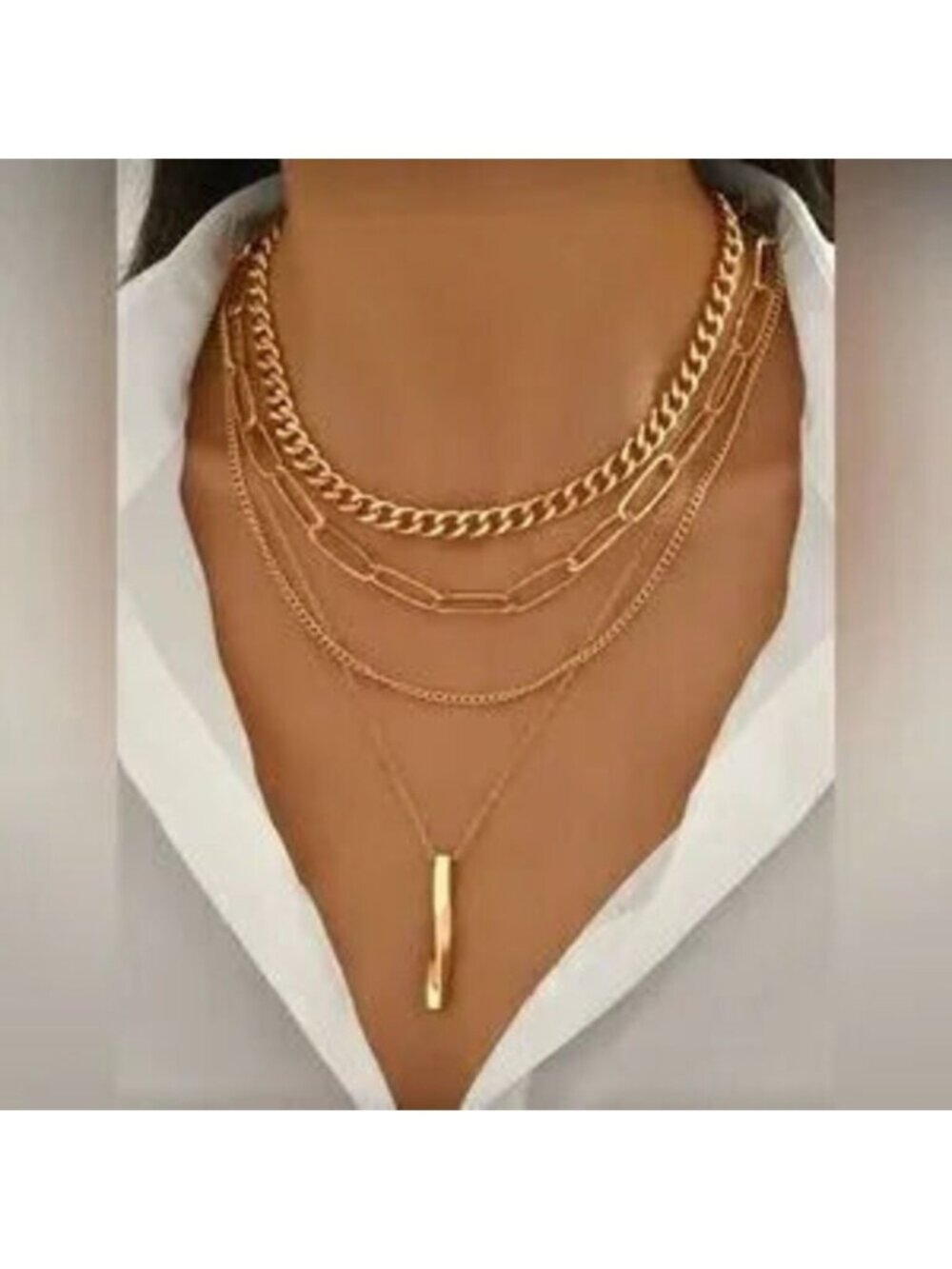 Gold Tone Layered Chain Necklace Set 4PC Cuban Paperclip Pendant Stack Dainty